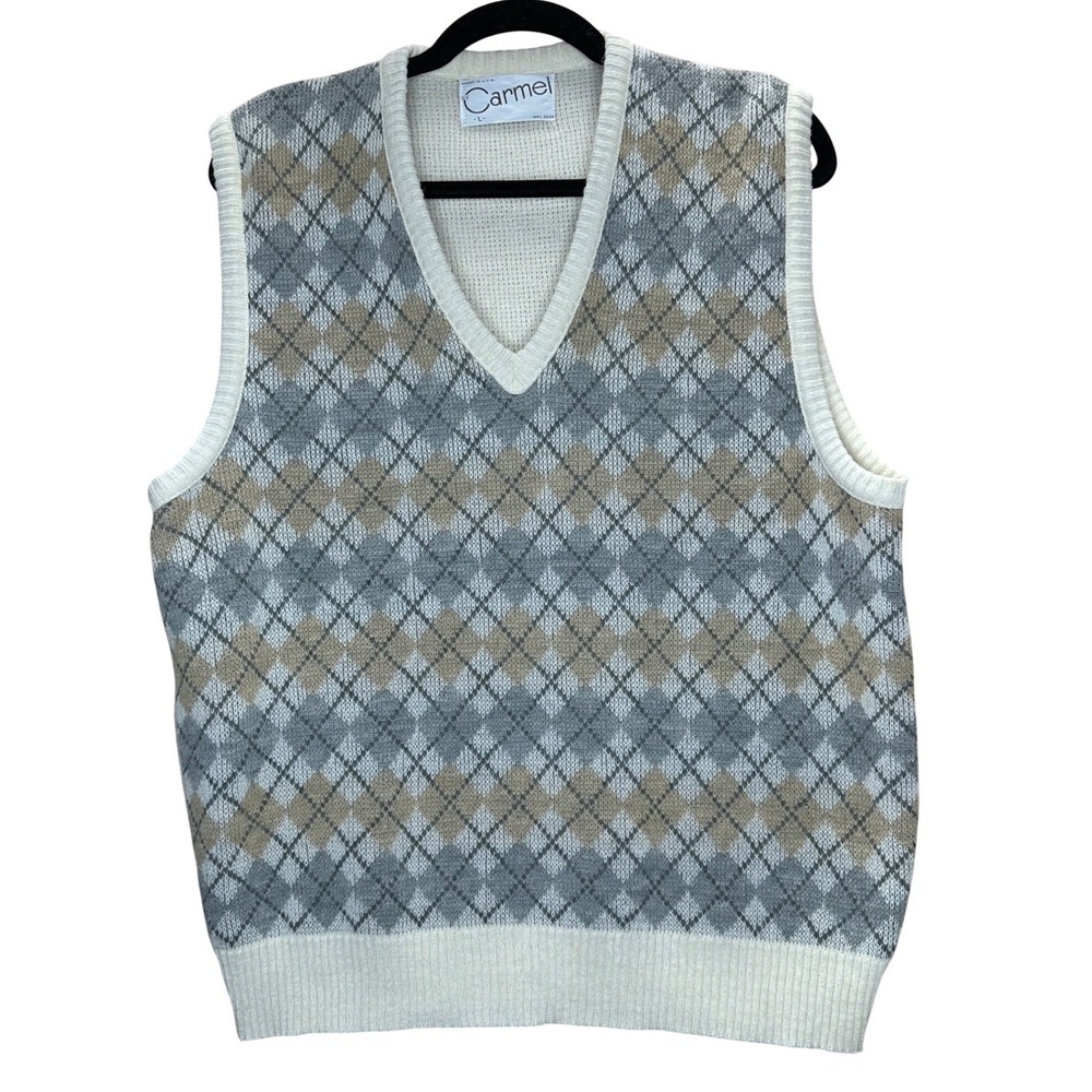 Carmel VTG Men's Argyle V Neck Sweater Vest Large USA Made Wool Acrylic Grandpa